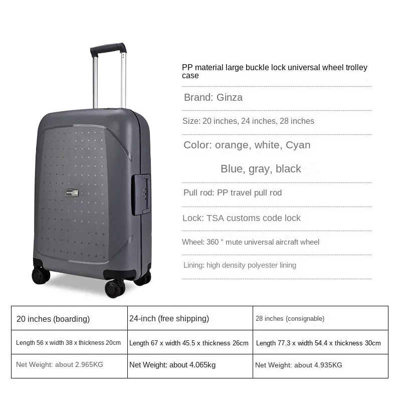 valise à roulettes ultralégère, 100% pp, anti-grattage, bagage à roulettes, spinner, valise de voyage rigide, 20 po, 24 po, 28 po