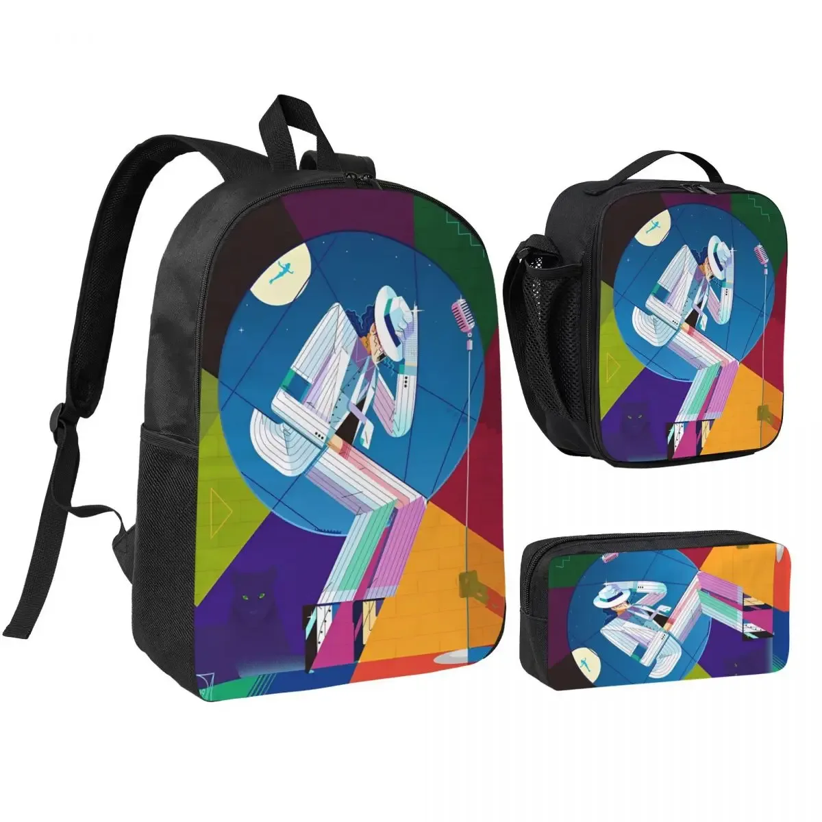 sac à dos mj pop king 3 pièces/ensemble pour étudiant, sac à bandoulière, sac à déjeuner, trousse à crayons