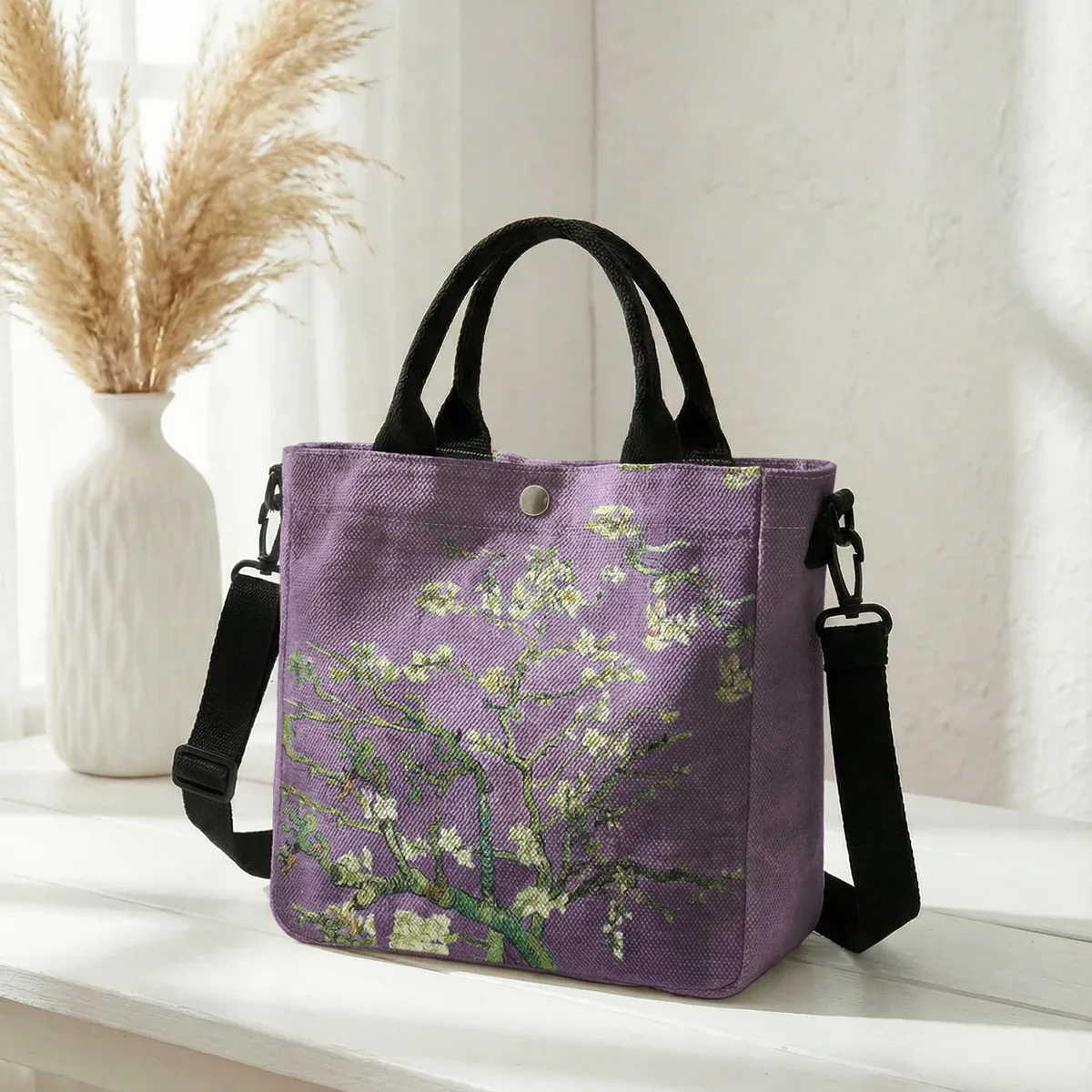 sac fourre-tout en toile avec peinture à l'huile van gogh almond blossom, bandoulière amovible, sac à main pour femme, pour les courses quotidiennes