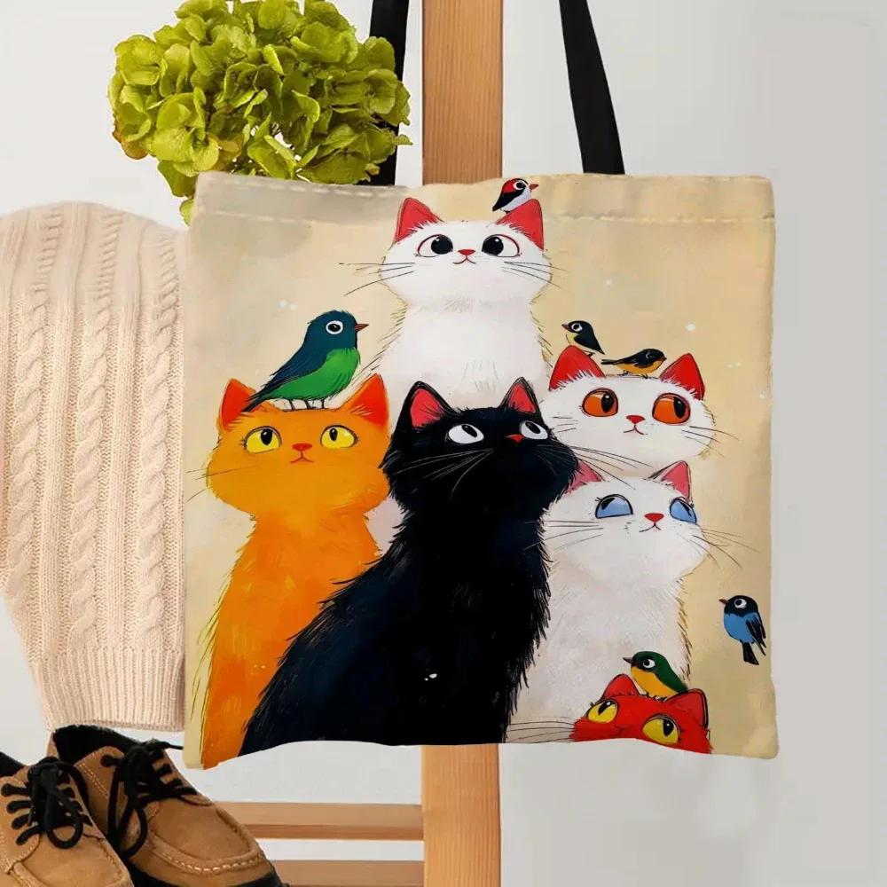Sacs fourre-tout à motif de chat empilé, sac de styliste mignon et coloré pour femmes, sacs de courses réutilisables