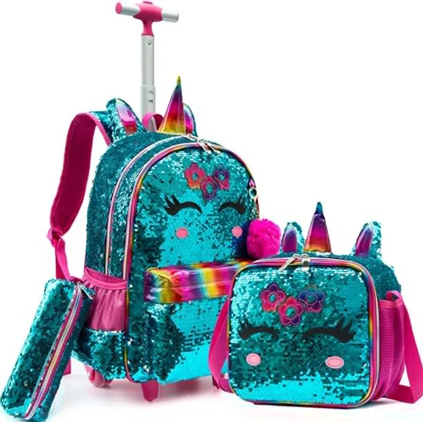sac dos cuir verni bleu sequins multicolores visage licorne motif queue sirène accessoires peluche pompons boîte lunch sac crayons enfant voyage école