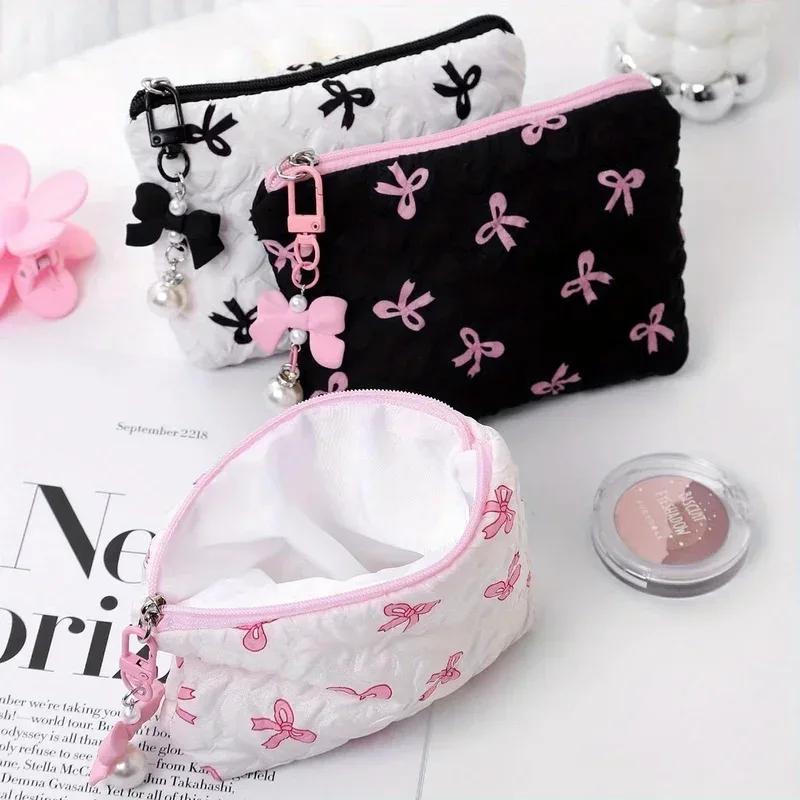 pochette à maquillage brodée avec nœud, design élégant, porte-monnaie, sac de rangement, mignon, grande capacité, trousse de maquillage haut de gamme