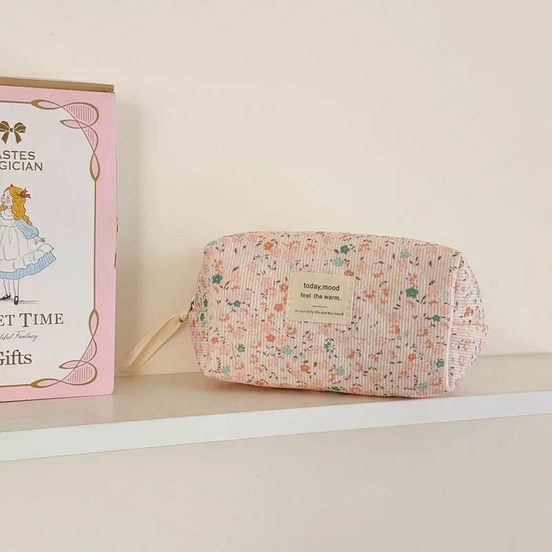 sac à cosmétiques vintage en velours côtelé pour femmes, sacs de rangement de voyage rétro pour dames, sacs à main portables, trousse de maquillage, pochette