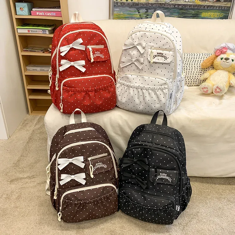 nouveau sac à dos pour filles à pois avec nœud, grande capacité, en nylon, pour étudiantes, multi-compartiments, antivol, pour ordinateur portable et voyage