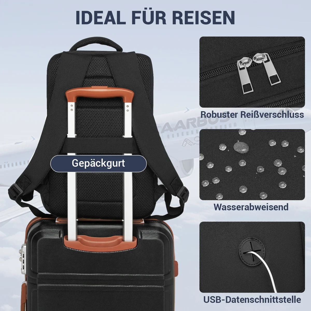 sac à dos de voyage kono pour ryanair & eurowings (40x30x20 cm, 24l) - ultra-léger avec port de charge usb et compartiment pour ordinateur portable jusqu'à 15,6 pouces