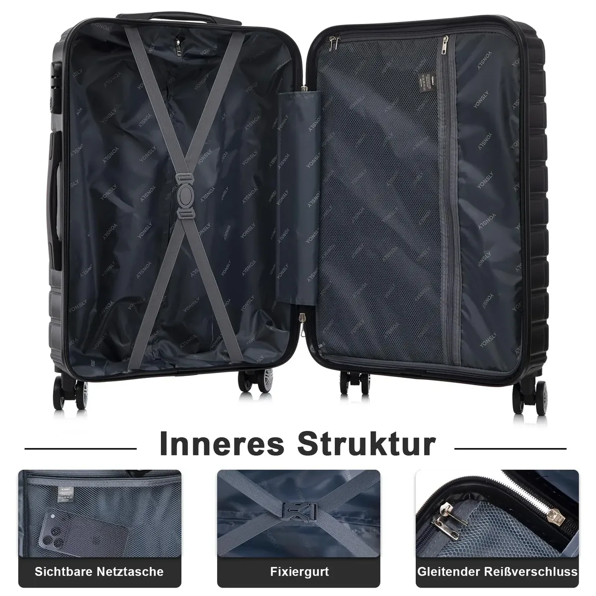 valise yonsly 20/24/28 pouces avec roulettes 360° °     valise trolley à coque rigide noire légère avec 4 roues, serrure à code, poche filet et poignée en caoutchouc pour les voyages d'affaires et les vacances