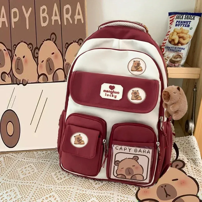 sac dos nylon beige accents marron blanc motifs ours poches multiples étudiant voyage décontracté