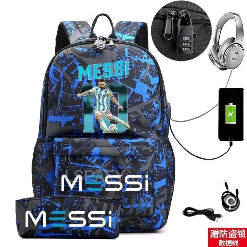 sac à dos messi tendance (lot de 2) – anti-vol, unisexe, simple, pour ordinateur portable, avec port usb, grande capacité, idéal pour les voyages, l'école, les garçons et les filles