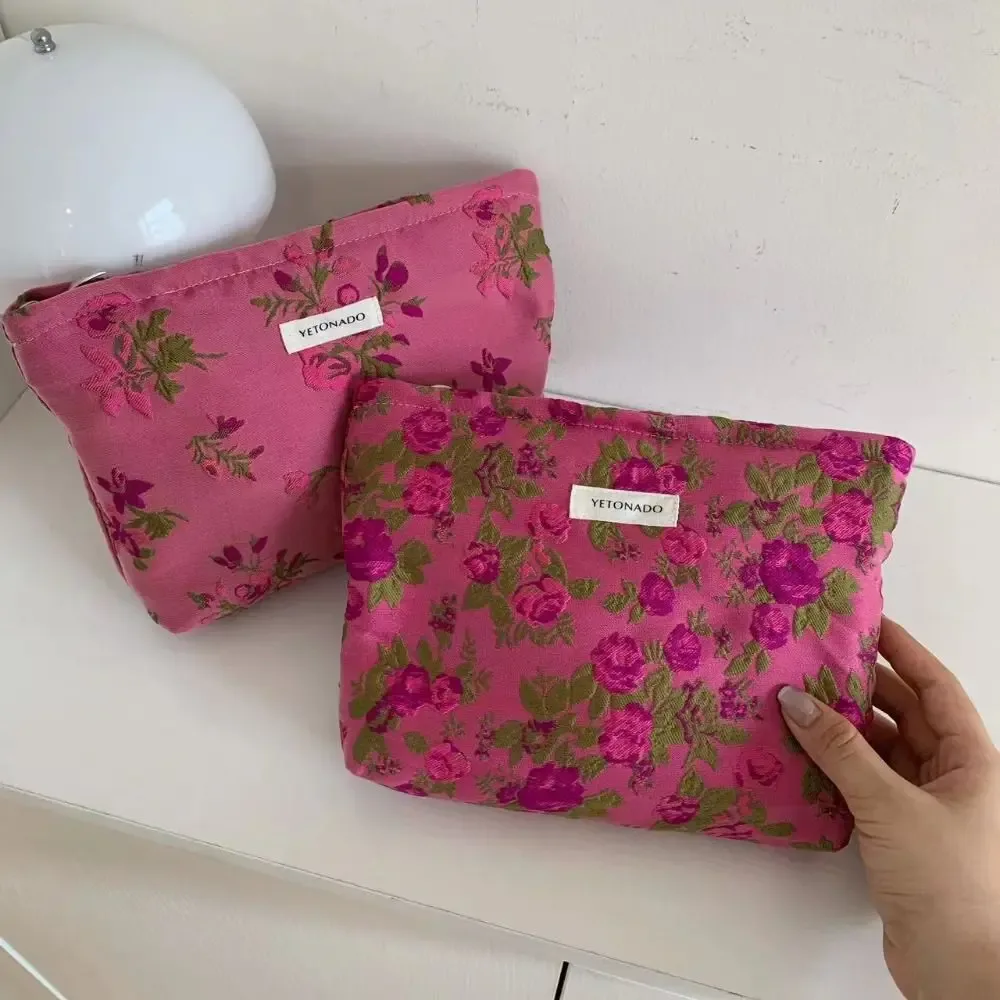 Pochette en toile de polyester à motif floral, grande capacité, sac à maquillage, fermeture éclair, organiseur de cosmétiques portable