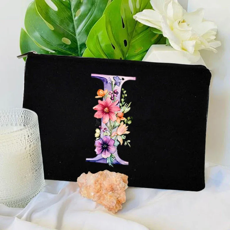 trousse toilette toile noire initiale fleurs maquillage femmes voyage sac cosmétiques intérieur uni poignée glissière