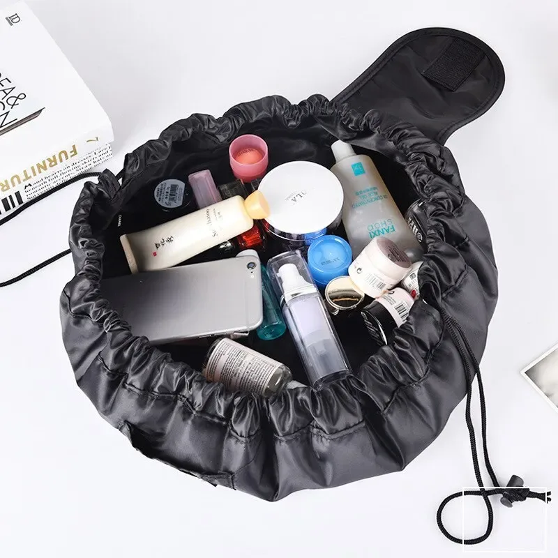 Sac de rangement de maquillage élastique à cordon de serrage pour femmes, sac de voyage Portable noir de grande capacité, sacs de rangement tendance