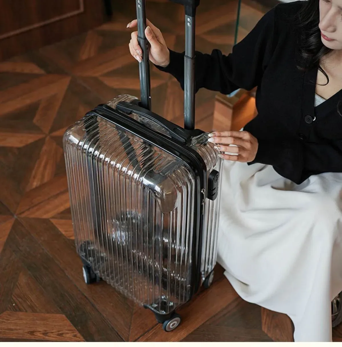 valise à main transparente pour pc, sac de chariot à bagages de cabine de 20 pouces sur roues, bagages roulants à la mode
