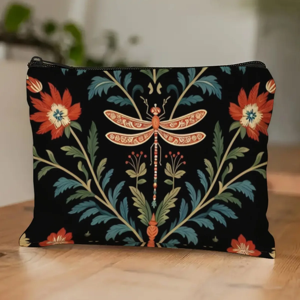 exquis sac de maquillage libellule-floral vert émeraude avec libellules et pivoines en feuille d'or organisateur cosmétique d'élégance vintage