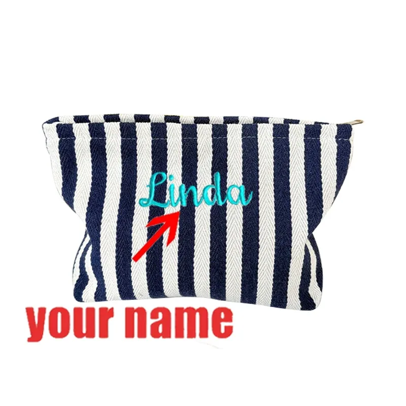 sac de maquillage coloré brodé personnalisé avec monogramme pour femme, pochette de toilette rayée pastel, cadeau evjf pour la douche nuptiale