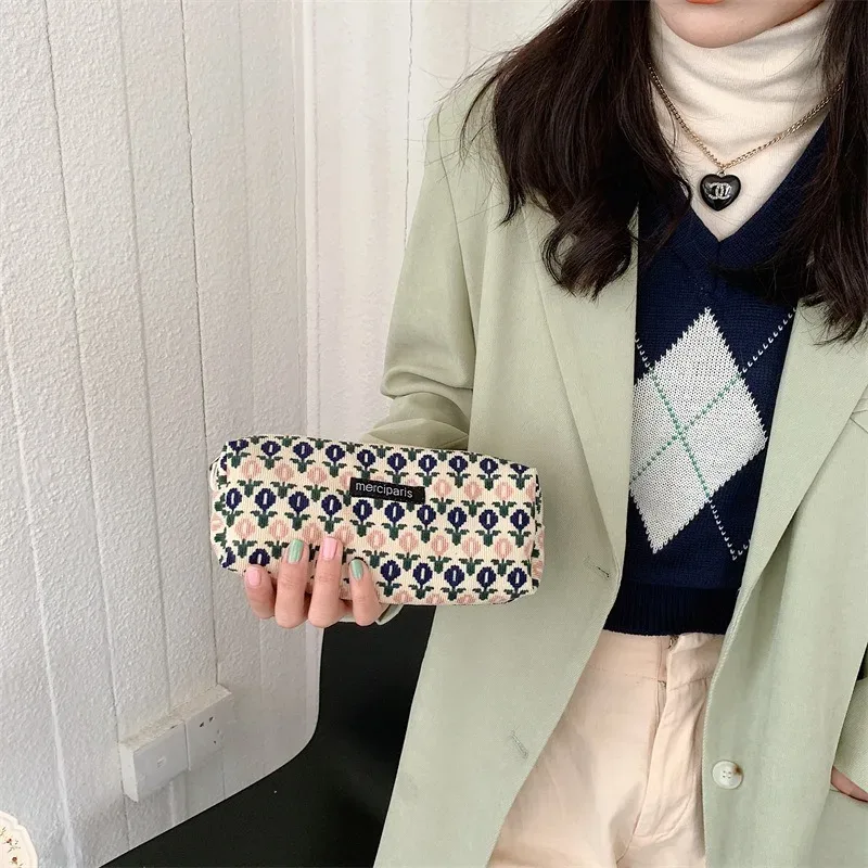 sac à main floral en velours côtelé pour femme, sac de rangement pour rouge à lèvres, sac à main kawaii, portefeuille de maquillage, trousse à crayons en poudre, sacs de voyage
