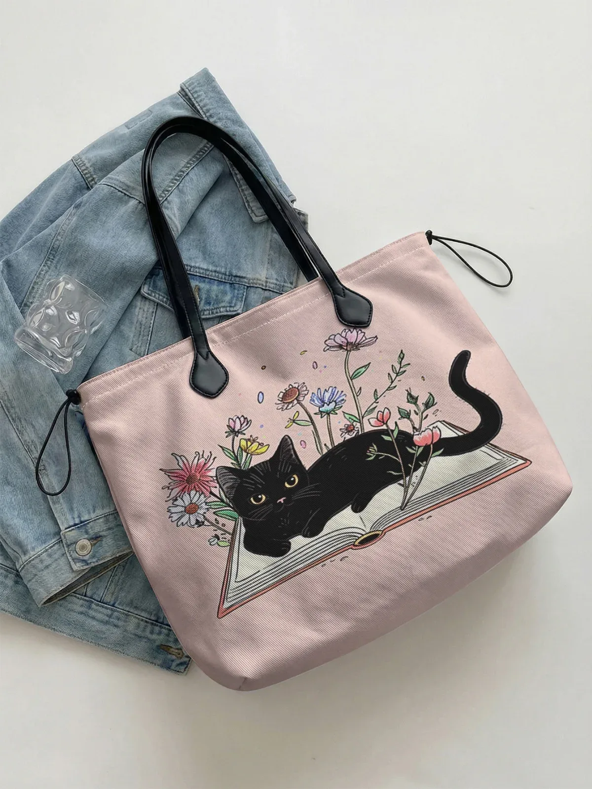 sac fourre-tout coloré à imprimé chat pour femme, grande capacité, avec poignée en cuir, sac de shopping décontracté, sac à bandoulière