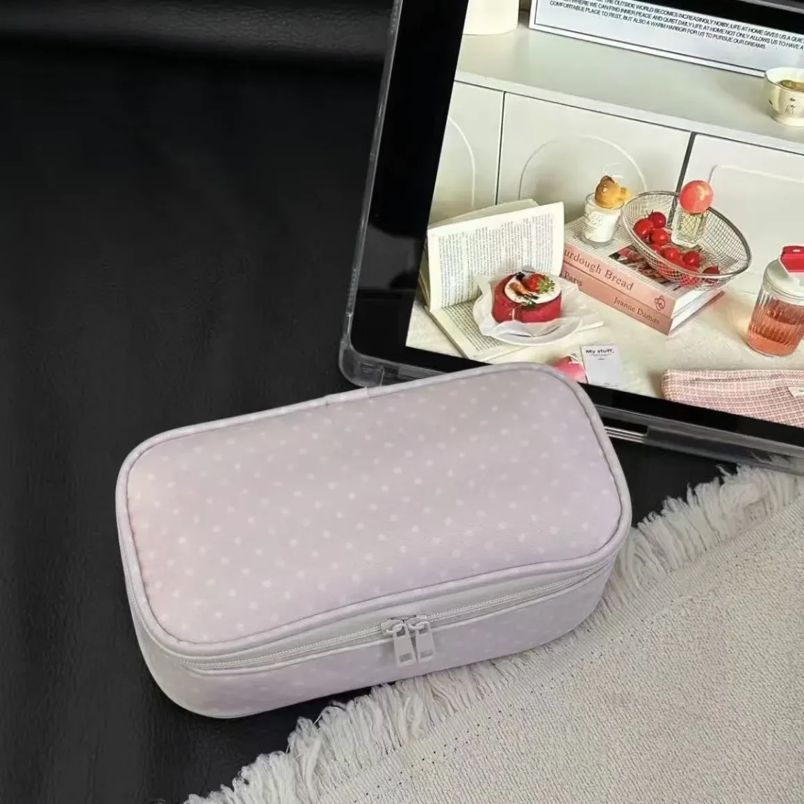 trousse de maquillage grande capacité à pois pour femme, sac de rangement cosmétique portable de voyage, trousse de toilette multifonctionnelle rose style ins