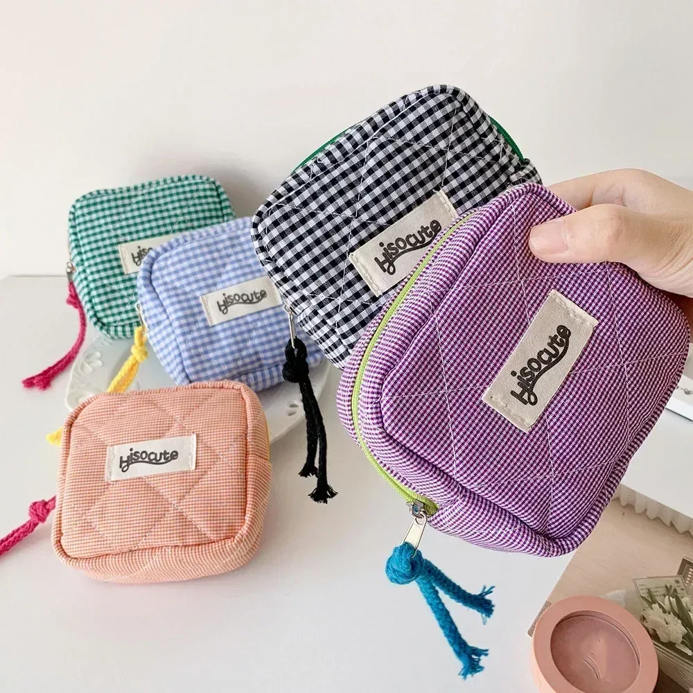 Mini sacs de maquillage à carreaux, sac de rangement pour clé d'écouteurs, rouge à lèvres, sac à cosmétiques minimaliste à carreaux, pochette de maquillage, petit porte-monnaie à fermeture éclair