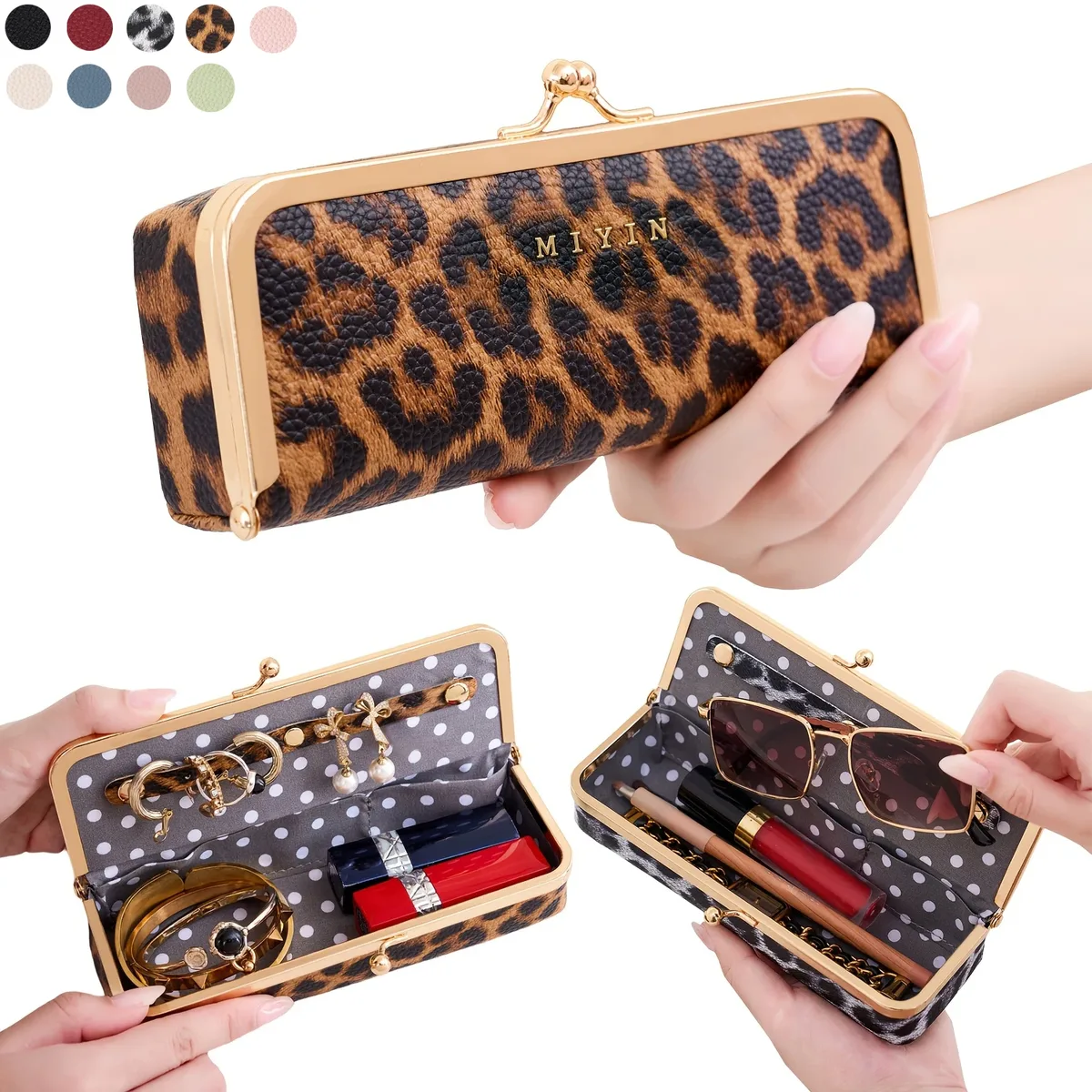 miyin étui à bijoux multifonctionnel pour femme à imprimé léopard avec fermeture kiss lock, étui à lunettes, essentiel de voyage, organisateur de rouge à lèvres et cosmétiques