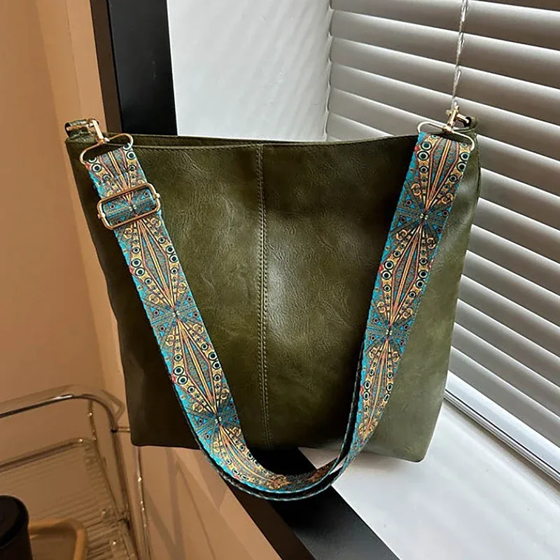 sac à bandoulière en cuir pu pour femmes, vintage, couleur unie, mode, grande capacité, simple, réglable, large sangle, sacs seau
