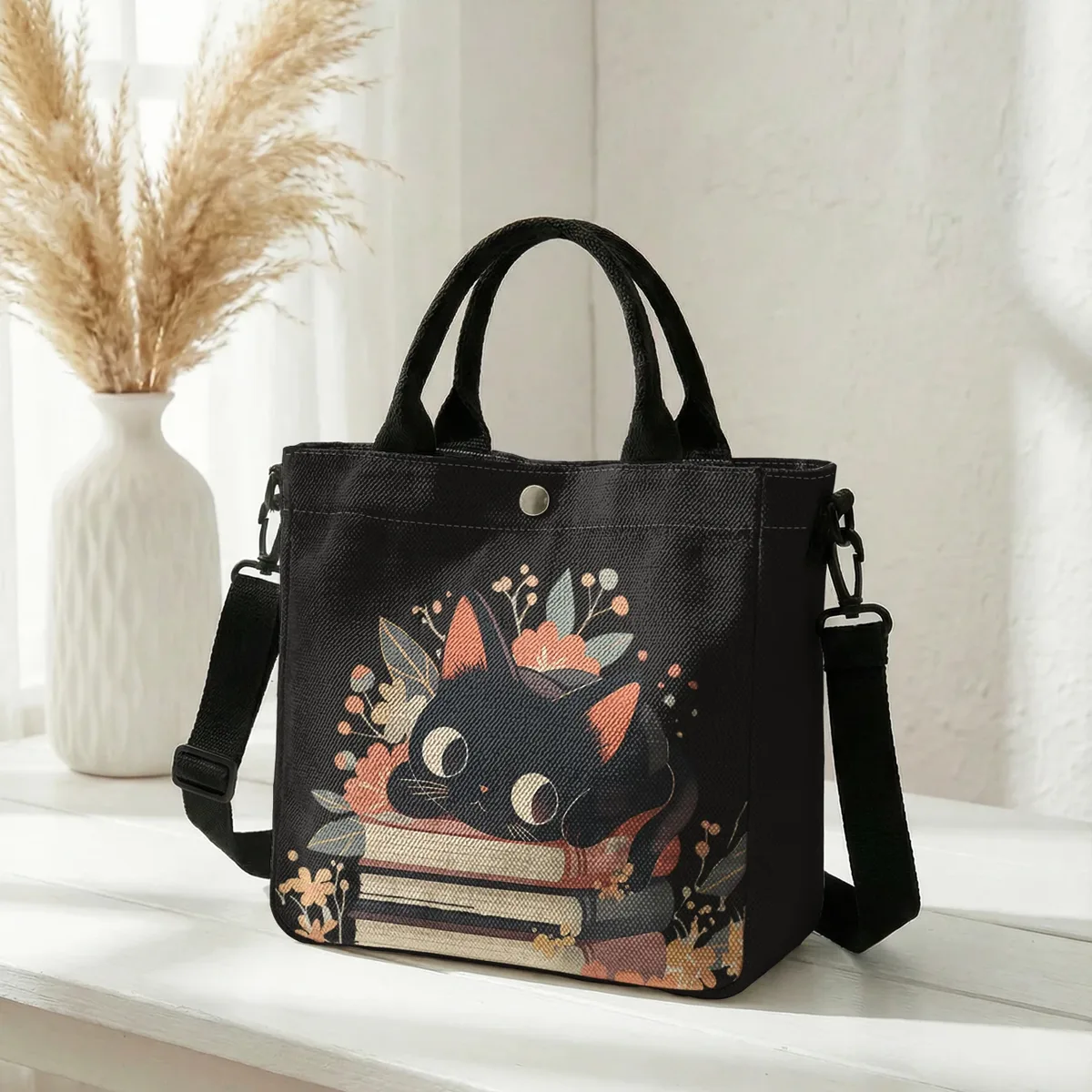 sac fourre-tout à imprimé floral avec chat noir mignon empilé sur des livres, sac à bandoulière détachable pour femme, idéal pour le shopping quotidien