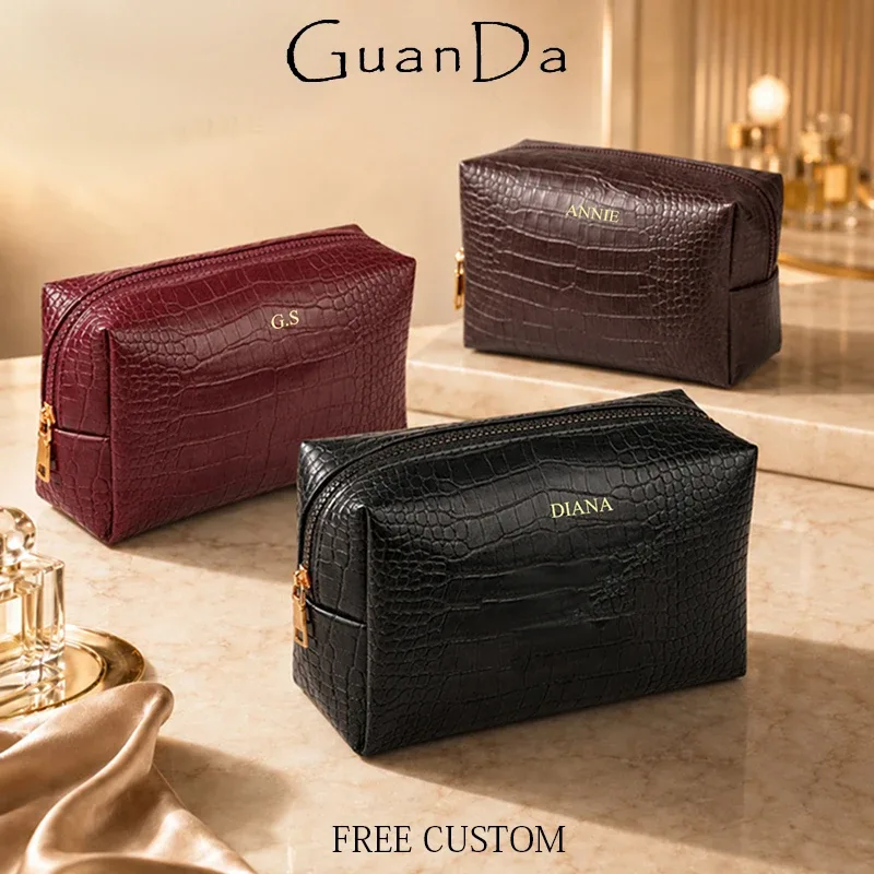 sac à cosmétiques de luxe en cuir de crocodile, motif personnalisé, sac de voyage portable pour femme, grande capacité, sac de rangement, cadeau tendance