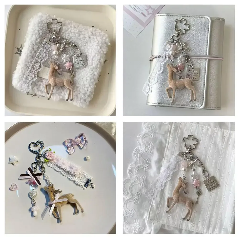 porte-clés cerf coquette adorable avec nœud en ruban de dentelle, breloque de sac, pendentif faon kawaii, accessoires pour sac à dos, cadeau pour femme
