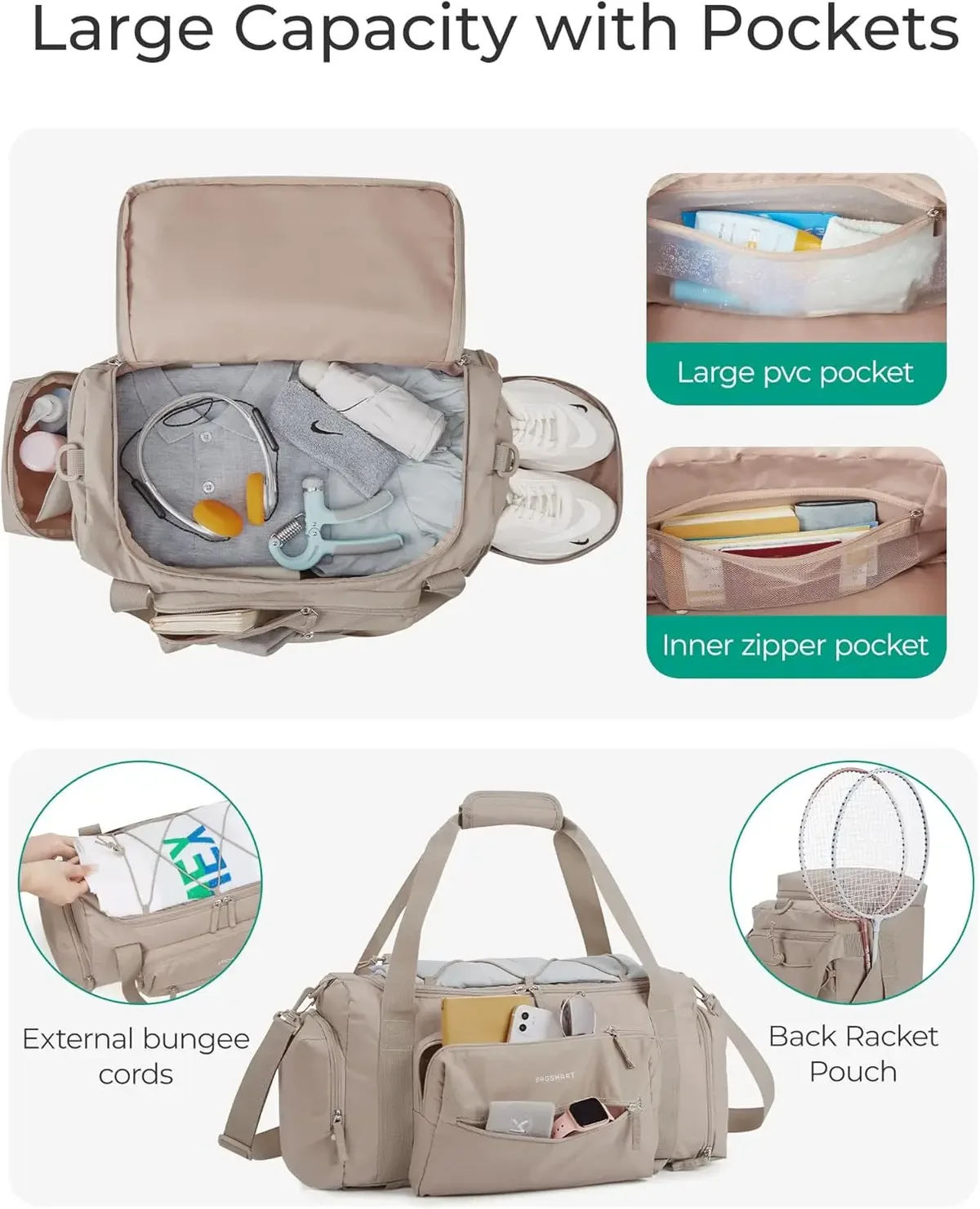 sac voyage polyester beige multipoches grande taille compartiment chaussures respirant sport week end travels