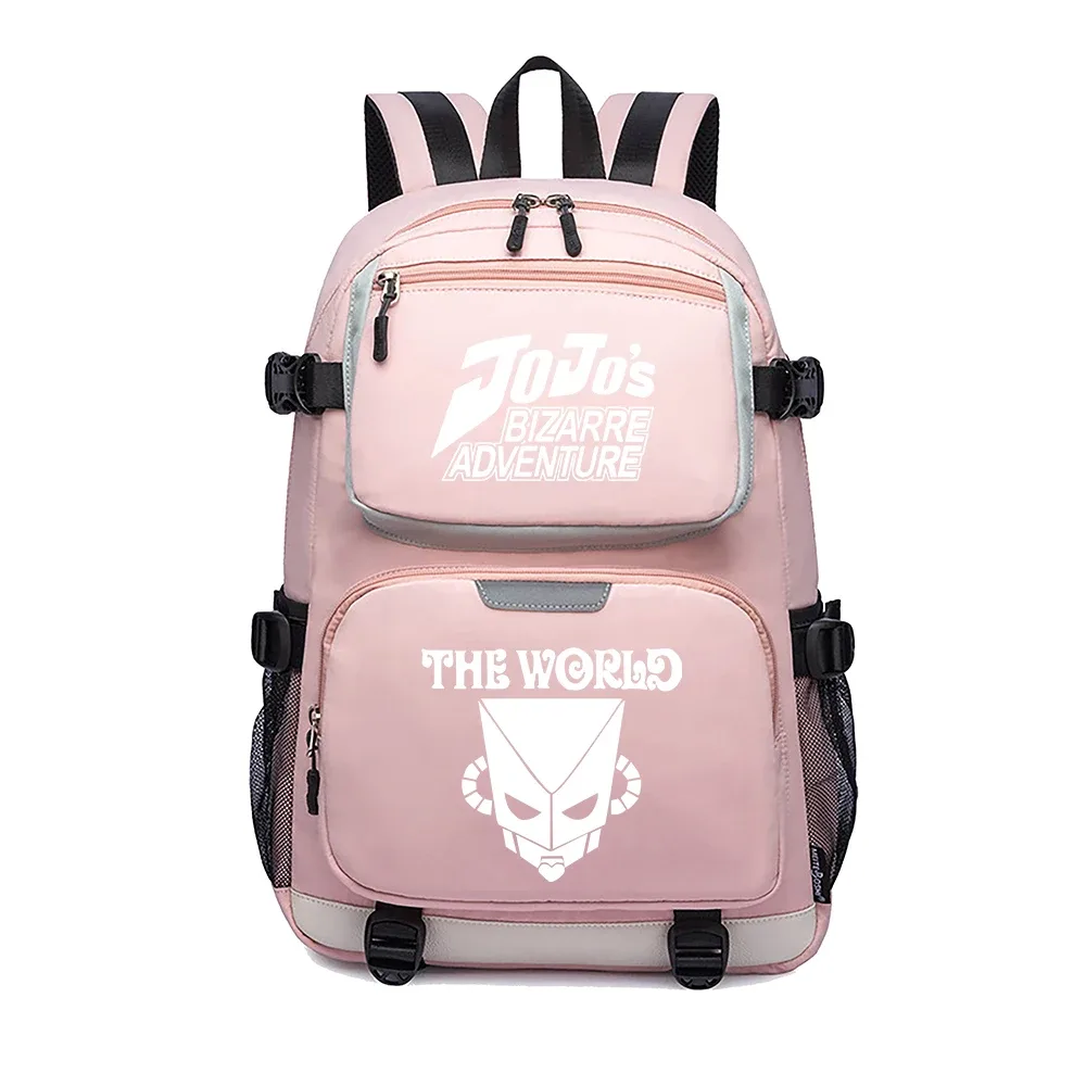 jojo's bizarre adventure – sac à dos de voyage dessin animé, grands sacs d'école imperméables pour femmes, sac à dos rose avec port usb pour ordinateur portable
