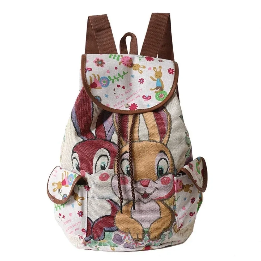 sac à dos décontracté en toile brodé style ethnique jacquard avec motif éléphant et hibou, sac seau à cordon pour la plage