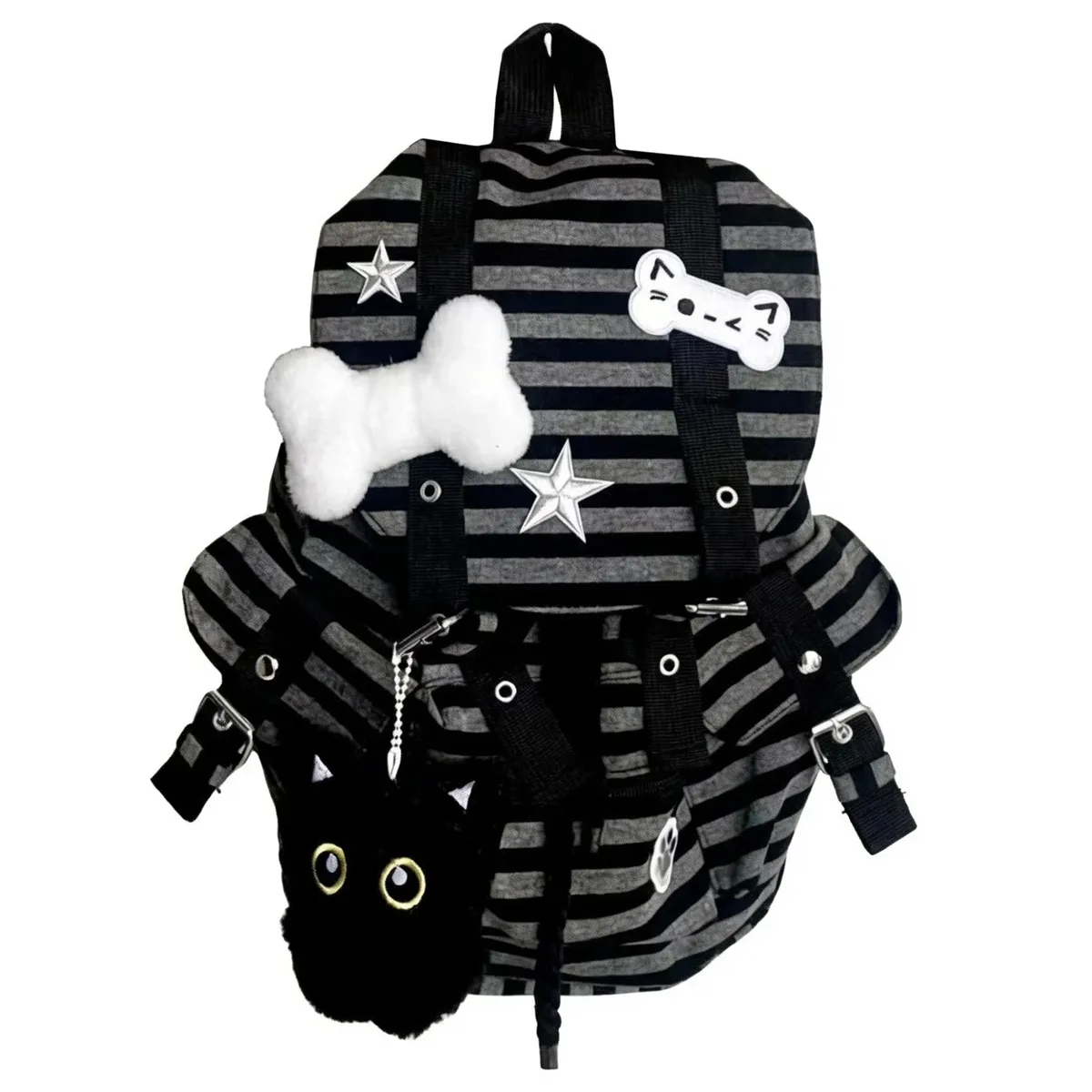sac à dos rayé vintage grande capacité, sacs à dos décontractés à rayures, sacs à dos multi-poches, sac à dos mignon avec motif de chat, sacs à dos de voyage et de vacances