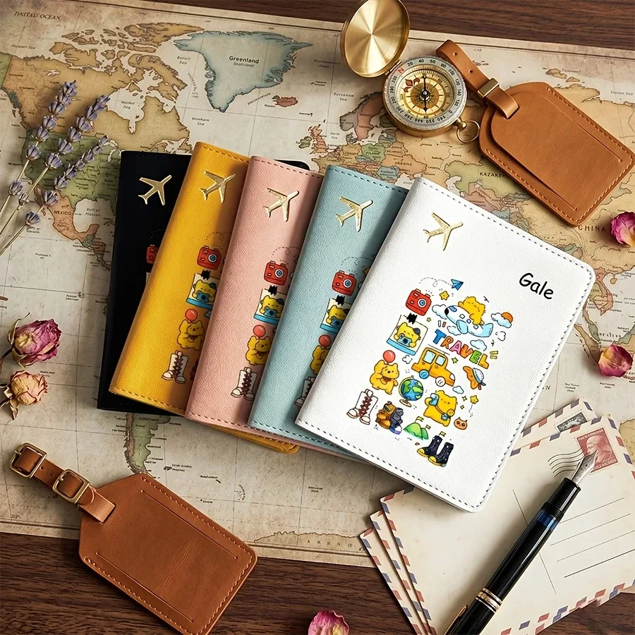 porte-passeport personnalisé avec nom et texte, étui de passeport mignon à motif de dessin animé, couverture de passeport et organiseur de documents, porte-billets de voyage