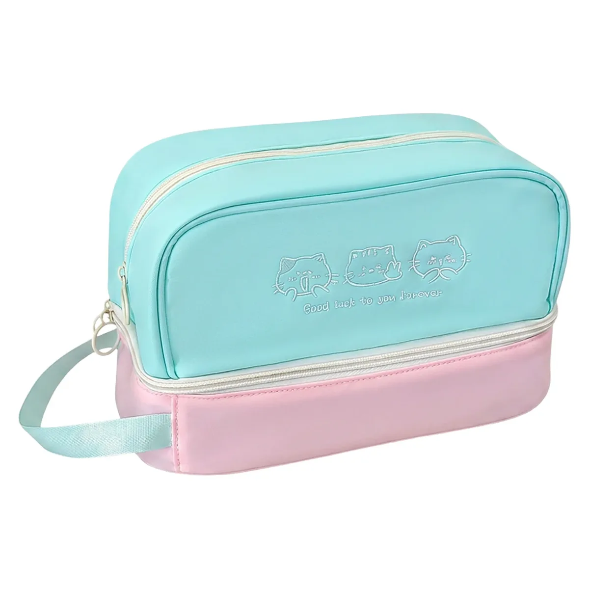 trousse de maquillage imperméable grande capacité double couche avec broderie chat pour voyage, articles de toilette, cadeau pour dortoir