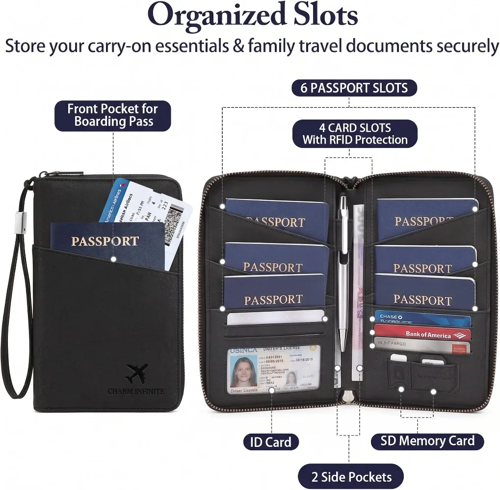 portefeuille de voyage en cuir anti-rfid pour passeports familiaux avec dragonne, emplacement pour stylo, organiseur de cartes, billets et documents – essentiels de voyage