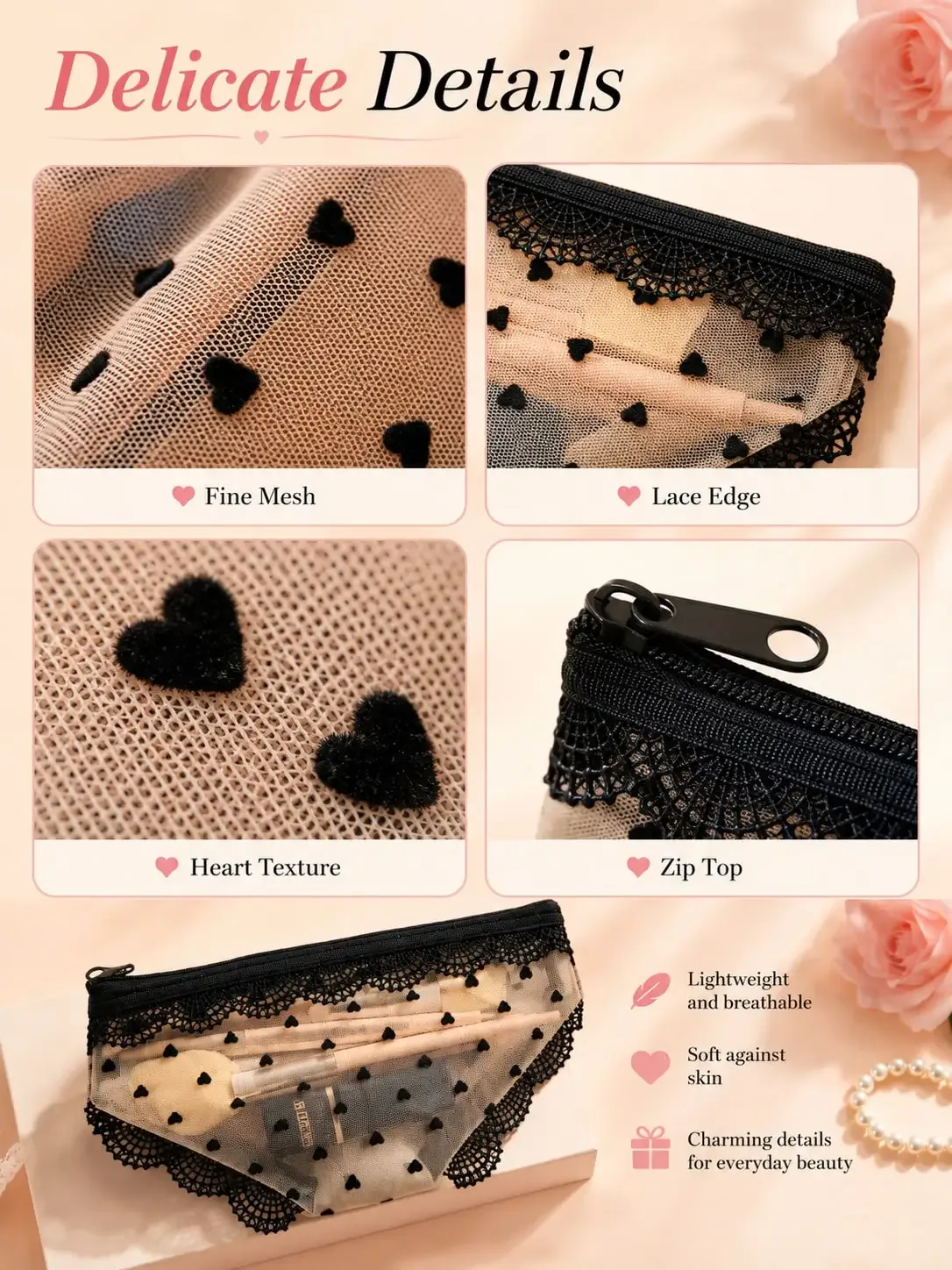 pochette de maquillage transparente et sexy en dentelle, pochette de maquillage portable pour voyage, adaptée pour l'eyeliner, les pinceaux de maquillage, le rouge à lèvres, les produits de soin de la peau, les écouteu
