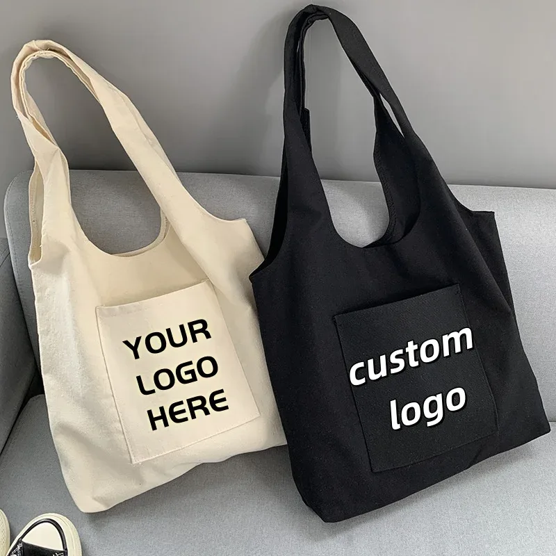 sac fourre-tout en toile personnalisé avec impression, sac avec logo personnalisé, poche avant, sac à bandoulière en coton réutilisable pour le shopping, l'école, les voyages