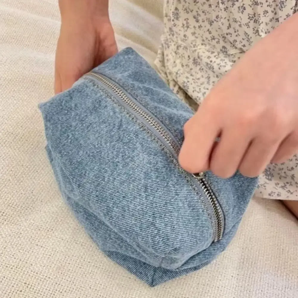 Sac de Maquillage en Jean Bleu Uni, Style Coréen, Organisateur de Voyage, Sacs Cosmétiques en Jean, Sac de Rangement Vintage à Fermeture Éclair pour Articles de Papeterie