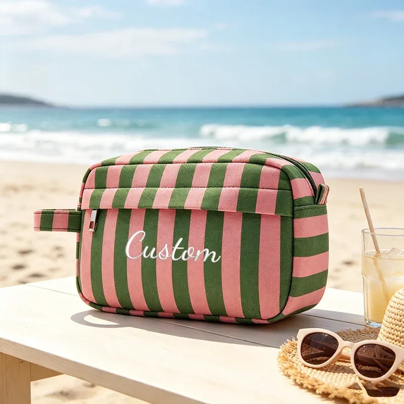 trousse de toilette rayée à double compartiment, portable pour les voyages, idéale pour les trajets quotidiens, les vacances, la plage, les fêtes, cadeaux créatifs, anniversaires, rentrée scolaire, remise des diplômes.