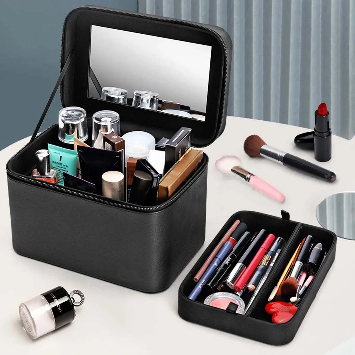 trousse de maquillage avec grand miroir, sac de voyage portable, grande capacité, boîte de rangement simple pour cosmétiques avec plateau miroir