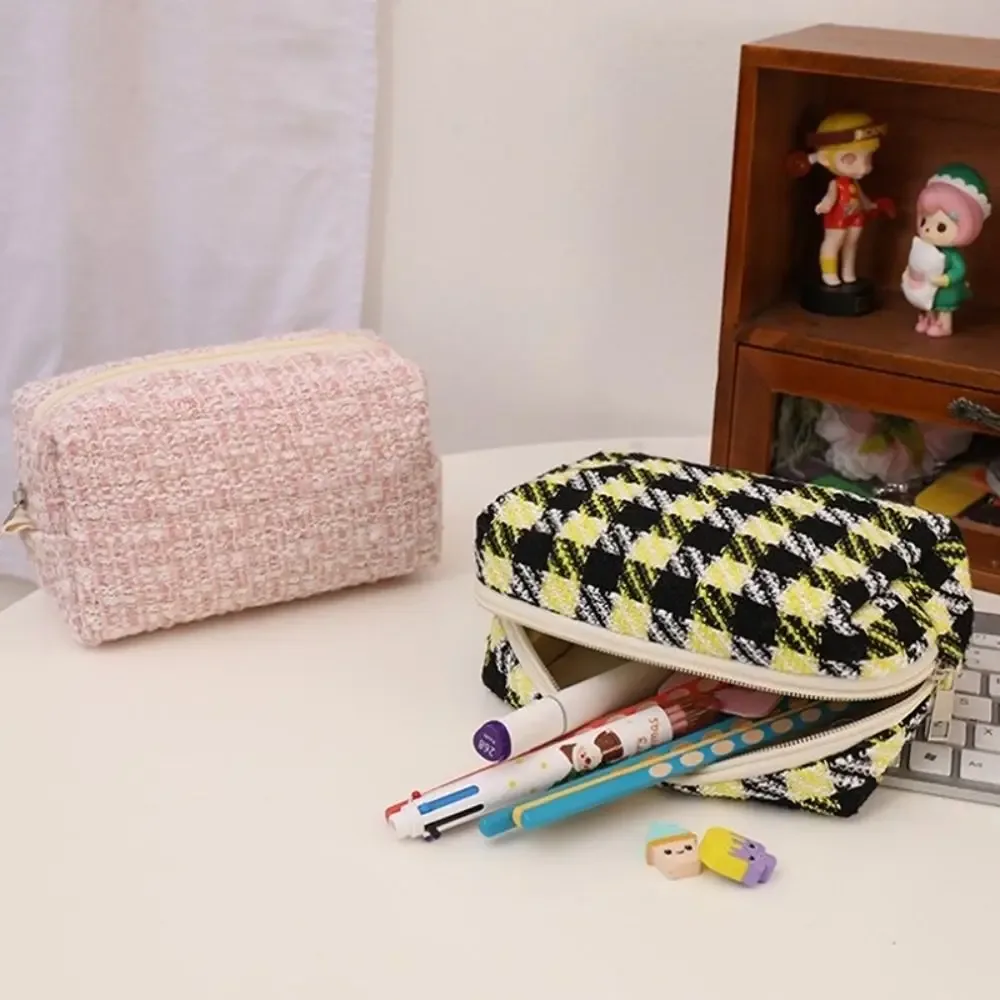 sac de maquillage en toile tendance pour gloss, sac de voyage écossais mignon pour fille, sac à main de maquillage portable, trousse à cosmétiques, trousse à crayons et papeterie