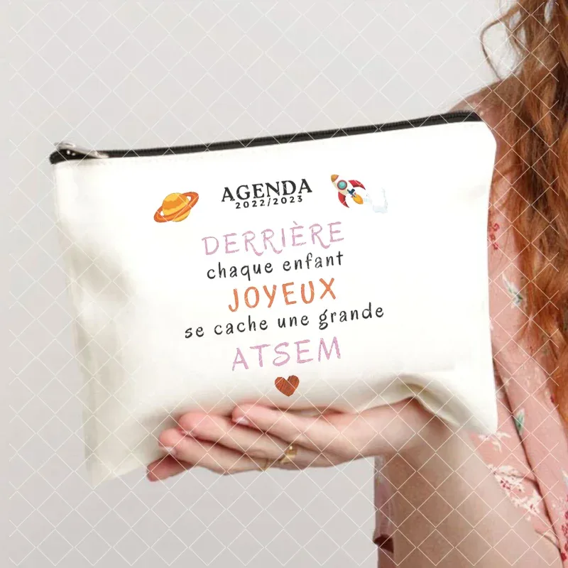 merci atsem – trousse de maquillage imprimée française, grande trousse à crayons, fournitures de papeterie scolaire, sac de rangement, pochette de lavage de voyage, cadeaux pour atsem