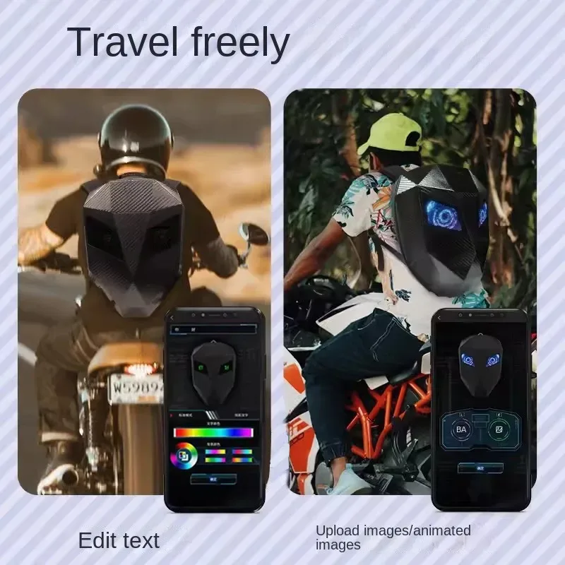 sac à dos de motard led avec yeux lumineux, texture en fibre de carbone, casque, sac à dos de locomotive, sac d'école, sac à dos pour ordinateur portable moto