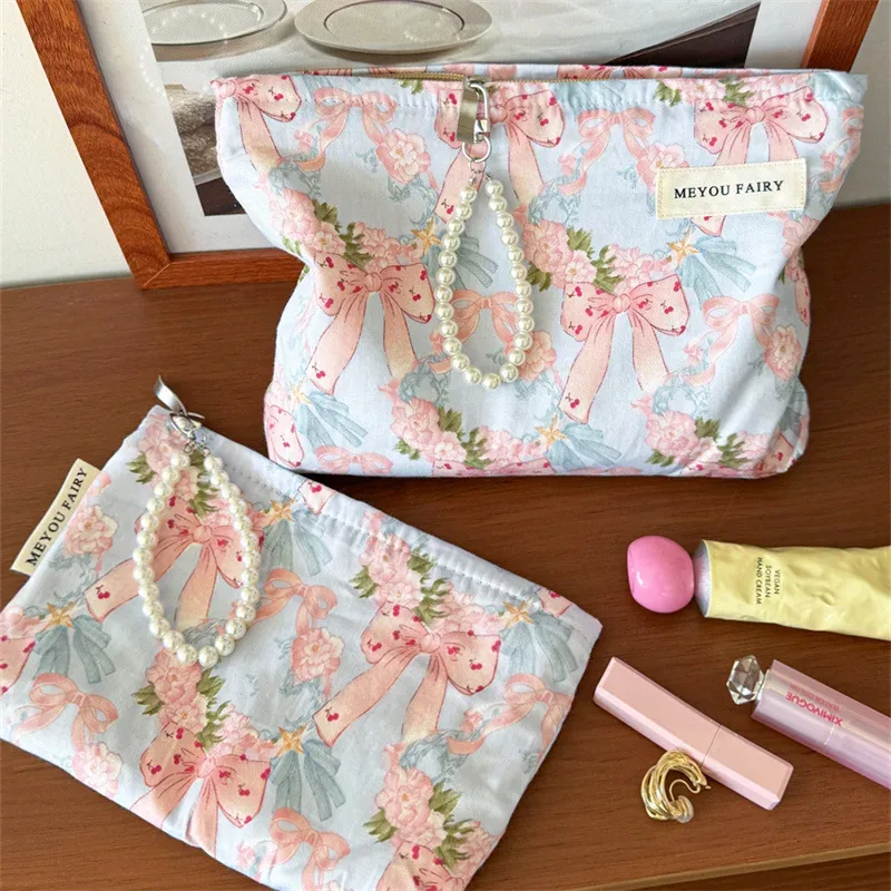 ensemble de 2 trousses de toilette imprimées nœuds, grande et petite, avec chaîne de perles, en tissu, organiseur de maquillage portable pour voyage