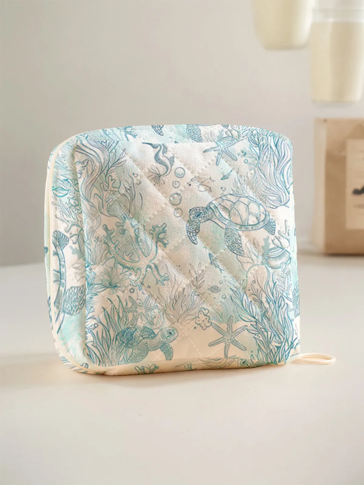 trousse polyester motif marine tortues poissons algues blanc bleu claque glissière compact cosmétiques voyage santé hygiene femmes