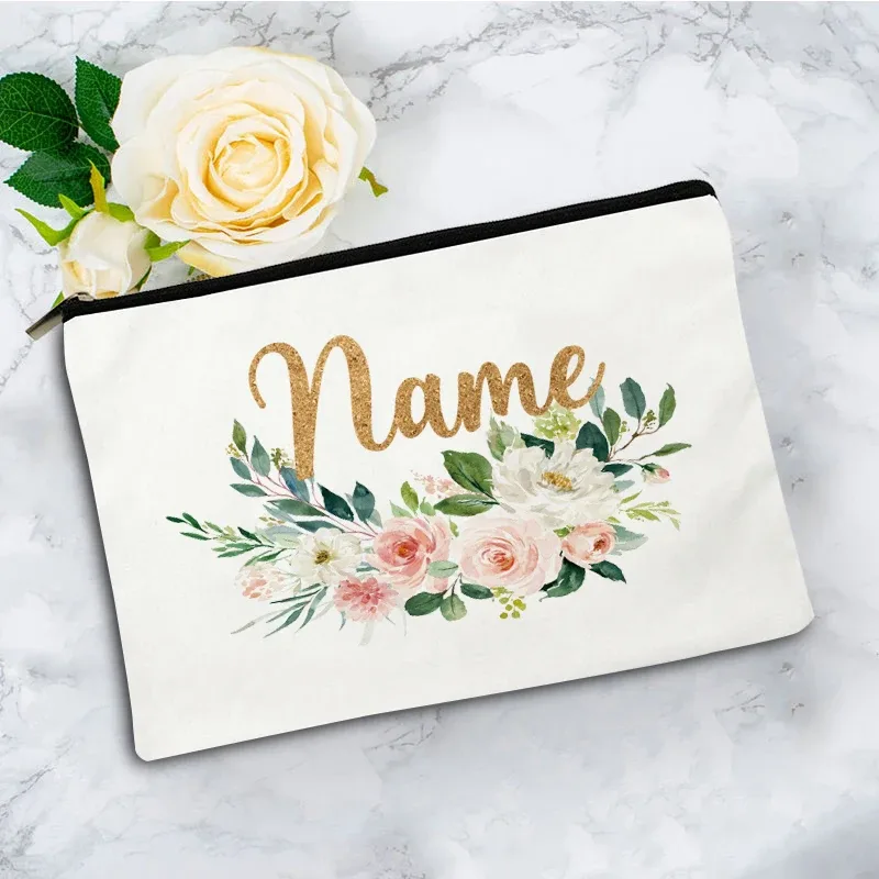 trousse toilette toile blanc motif fleurs vert fermeture éclair pliable extensible décontracté femme voyage cosmétiques