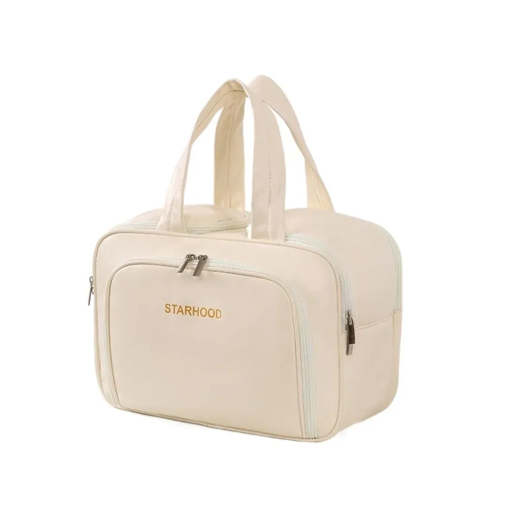 trousse de toilette de voyage de grande capacité, organisateur de maquillage léger en pu, plusieurs compartiments, poignée, mallette de rangement de voyage, salle de bain