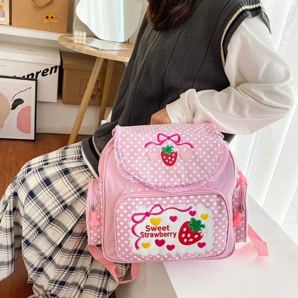 sac à dos scolaire pour fille, motif fraise de dessin animé, avec nœud et pois, multi-poches, sac à dos pour étudiante et adolescente