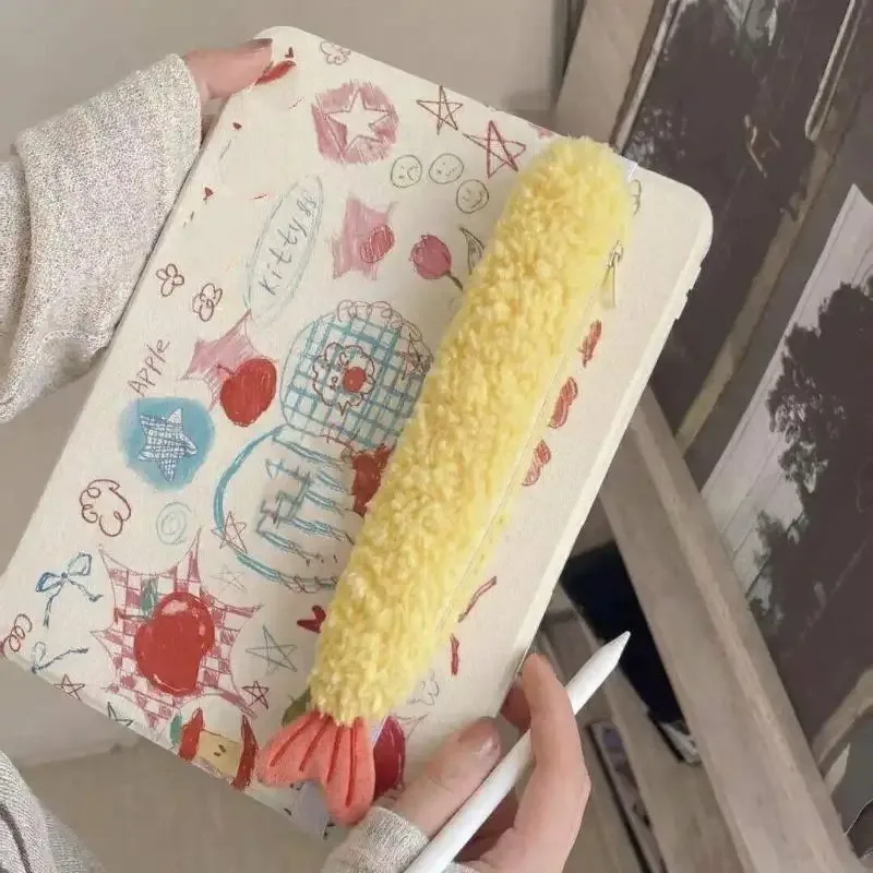 1 pièce, trousse à stylos super mignonne en forme de queue de crevette frite, organisateur de papeterie portable monocouche avec doublure en polaire de style ins, pour étudiants.