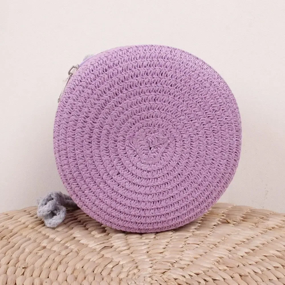 sac à bandoulière rond en paille tressée fait main pour femmes et filles, avec pompon épais, idéal pour l'été, la plage, les voyages et le quotidien, sac de rangement tendance