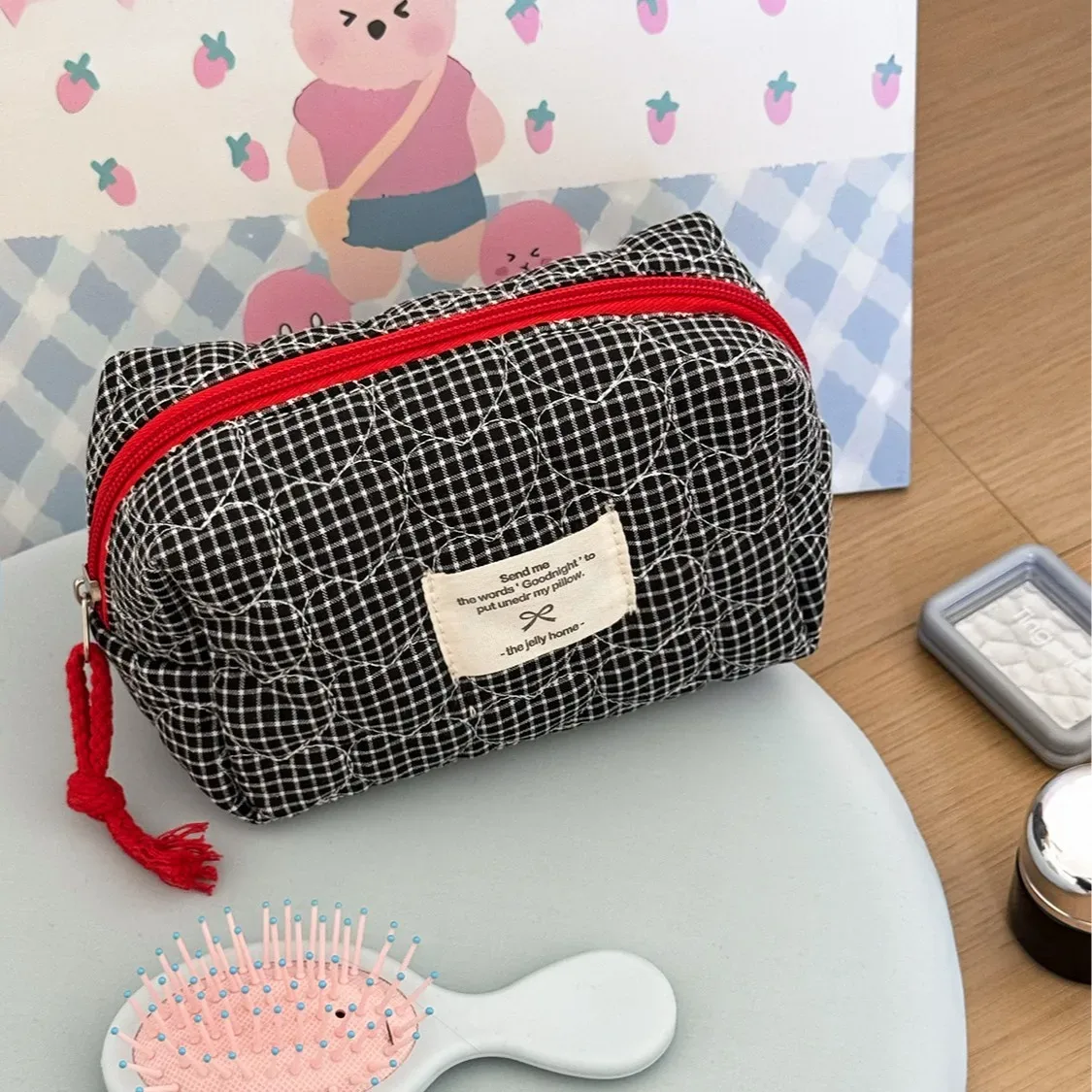 sacs à cosmétiques matelassés à carreaux en forme de cœur pour femmes, trousse de maquillage de grande capacité, sac de rangement de voyage pour dames, sac à main décontracté pour filles, pochette